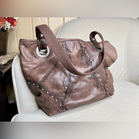 Vintage Fossil Brown Leather Bronze Chrome Studded Hobo Shoulder Handbag - Picture 2 of 6